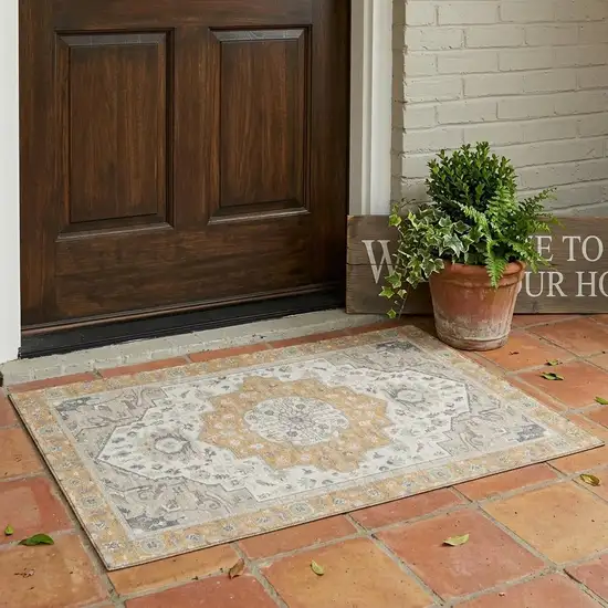 Peach And Gold Oriental Washable Indoor Outdoor Area Rug Photo 1