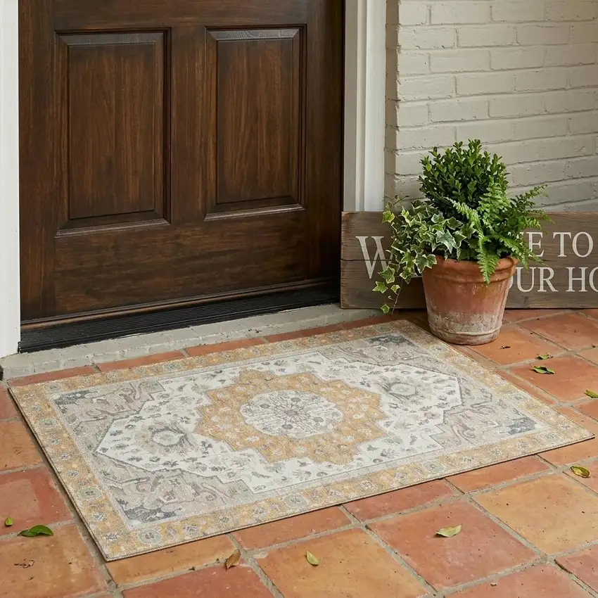 Peach And Gold Oriental Washable Indoor Outdoor Area Rug Photo 1
