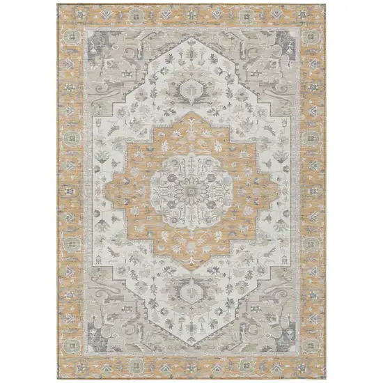 Peach And Gold Oriental Washable Indoor Outdoor Area Rug Photo 2