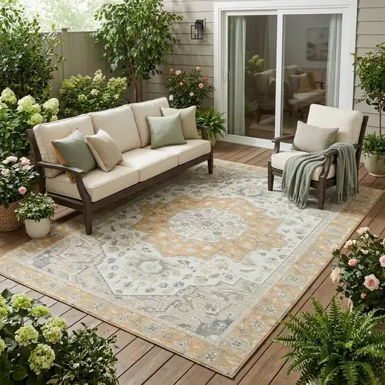 Peach And Gold Oriental Washable Indoor Outdoor Area Rug Photo 1