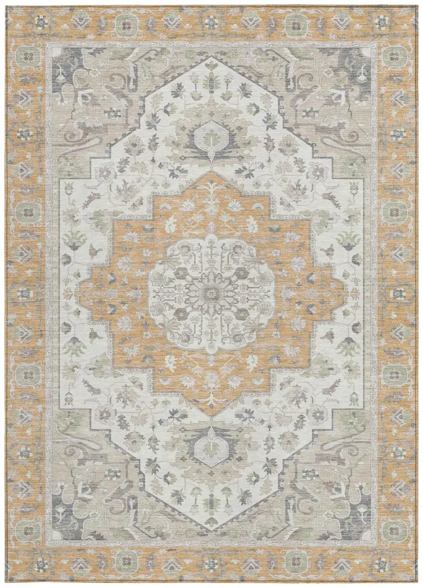 Peach And Gold Oriental Washable Indoor Outdoor Area Rug Photo 3