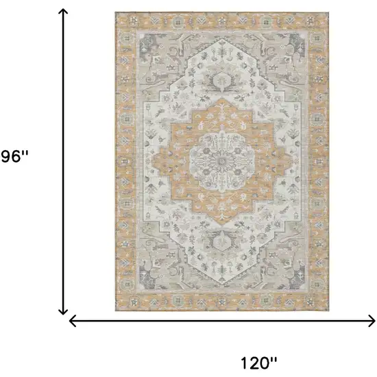 Peach And Gold Oriental Washable Indoor Outdoor Area Rug Photo 9