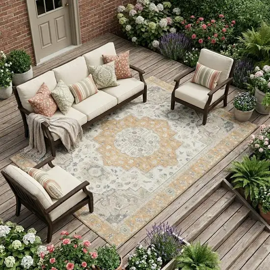 Peach And Gold Oriental Washable Indoor Outdoor Area Rug Photo 1
