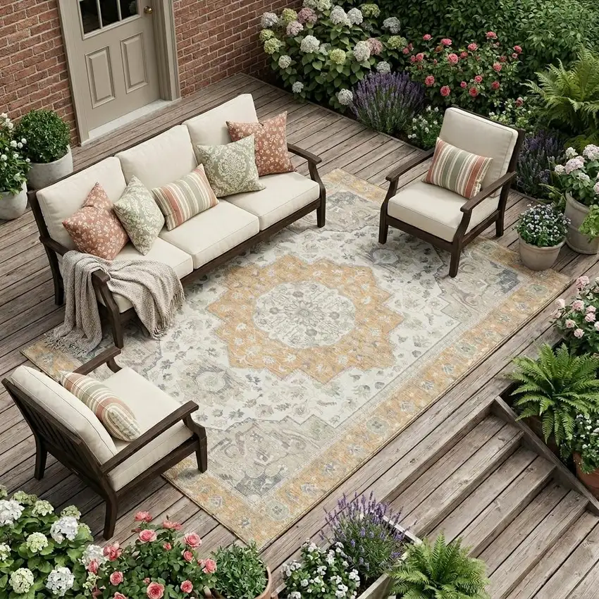 Peach And Gold Oriental Washable Indoor Outdoor Area Rug Photo 1
