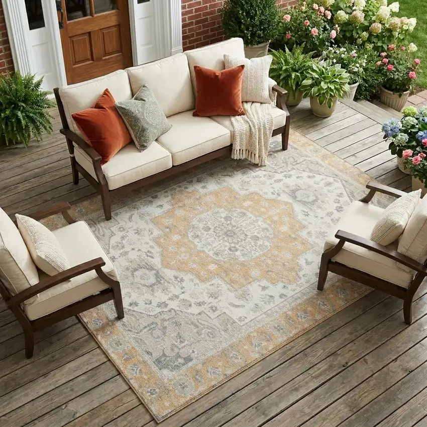 Peach And Gold Oriental Washable Indoor Outdoor Area Rug Photo 1