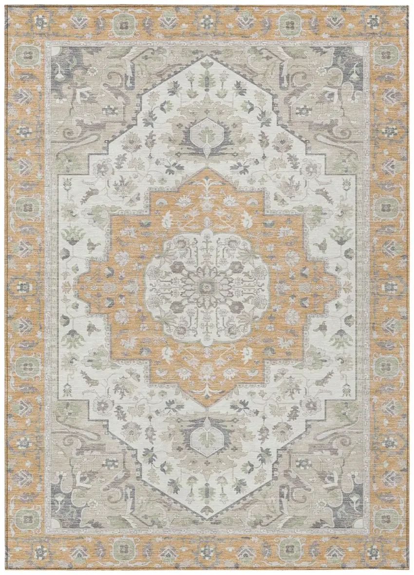 Peach And Gold Oriental Washable Indoor Outdoor Area Rug Photo 2