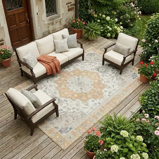 Peach And Gold Oriental Washable Indoor Outdoor Area Rug Photo 1