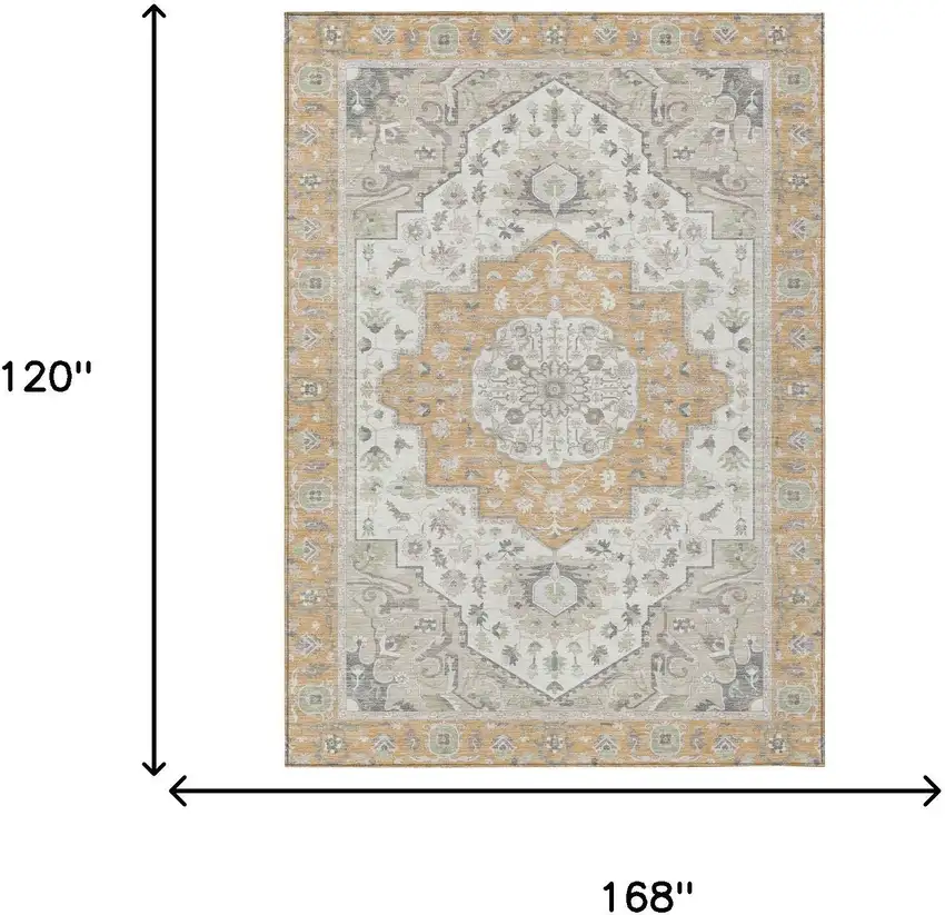 Peach And Gold Oriental Washable Indoor Outdoor Area Rug Photo 9