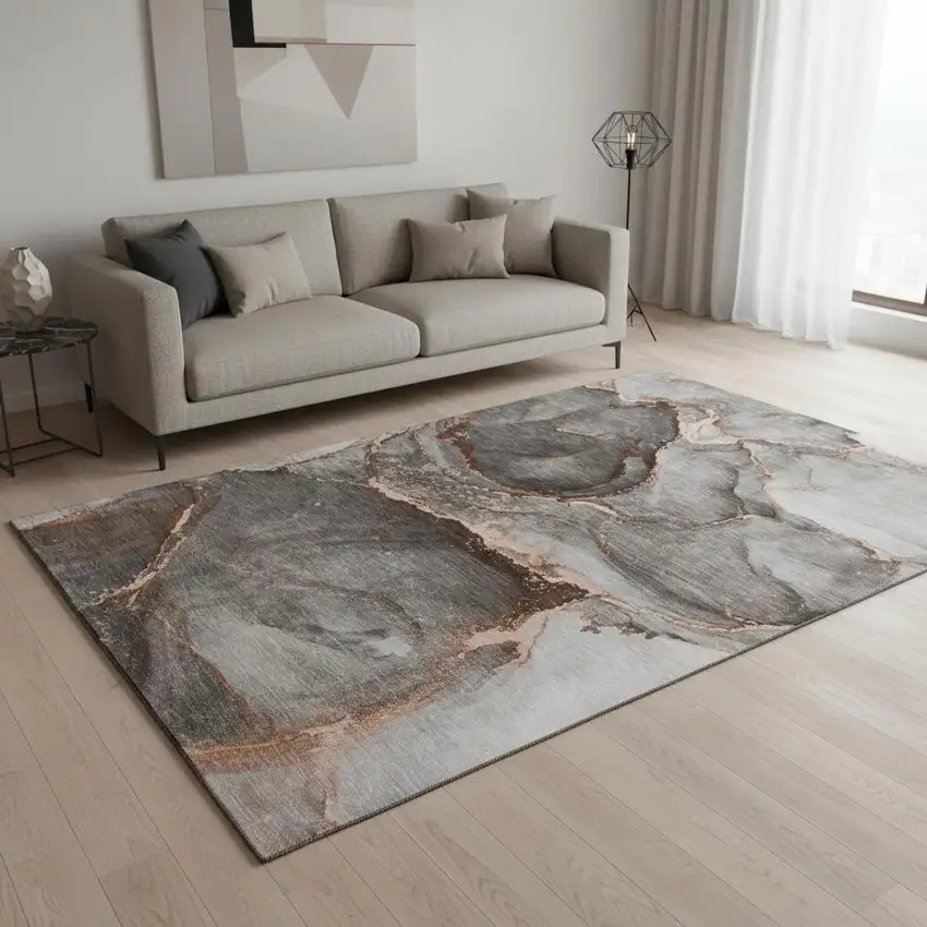 Peach And Gray Abstract Washable Area Rug With UV Protection Photo 2
