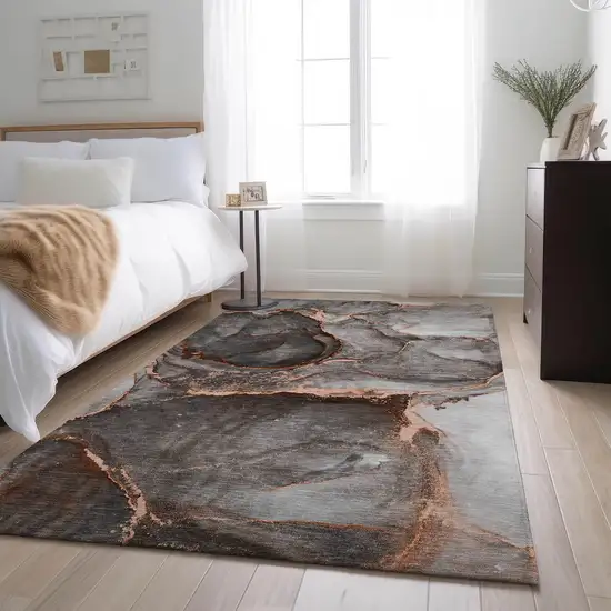 Peach And Gray Abstract Washable Area Rug With UV Protection Photo 4