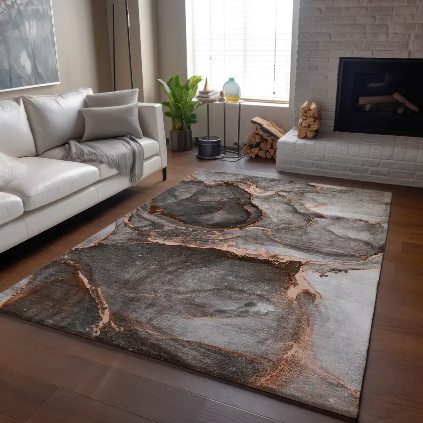 Peach And Gray Abstract Washable Area Rug With UV Protection Photo 5
