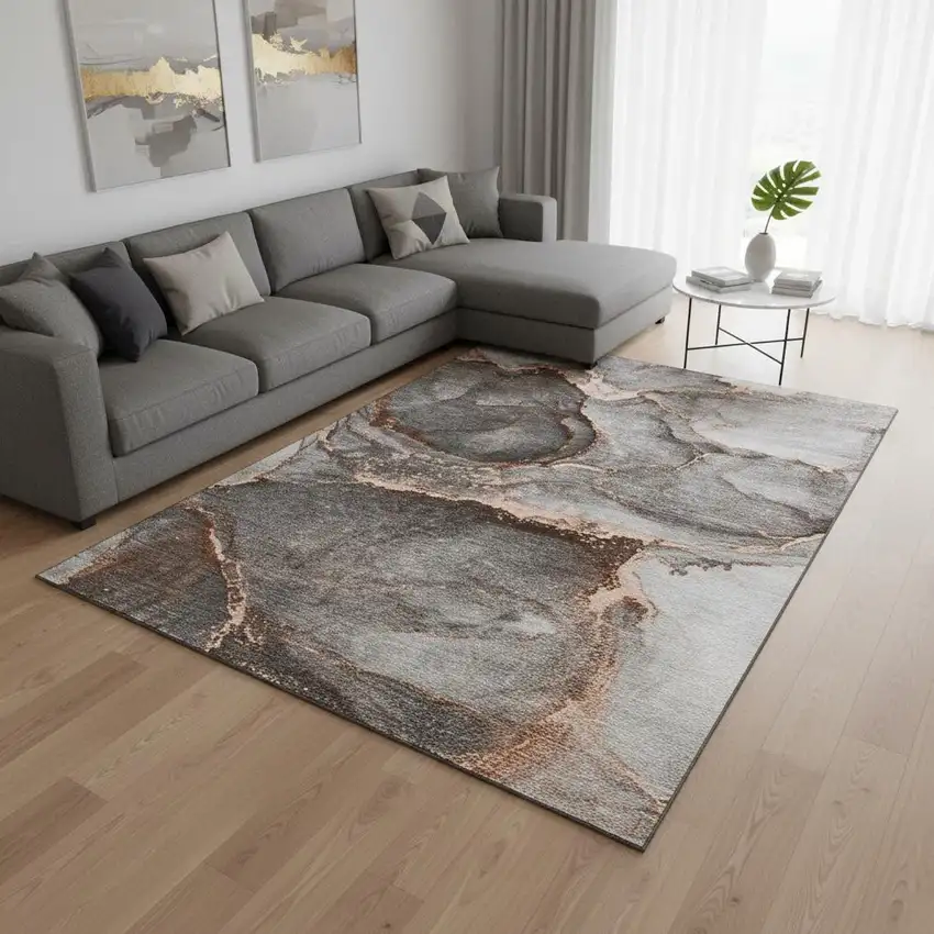 Peach And Gray Abstract Washable Area Rug With UV Protection Photo 2