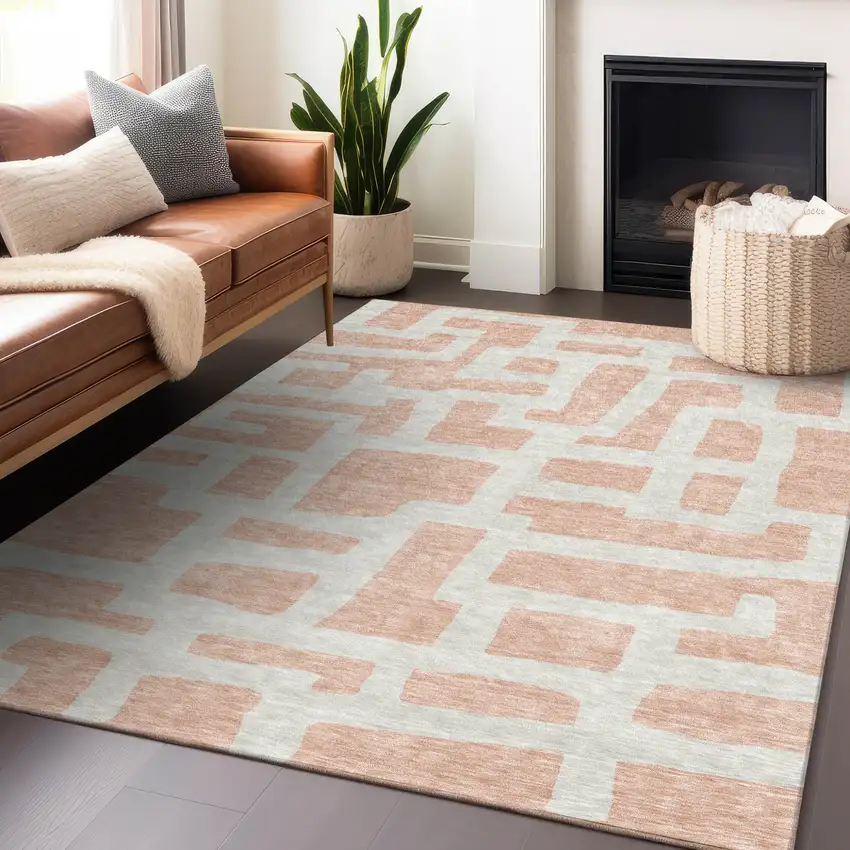 Peach And Gray Abstract Washable Indoor Outdoor Area Rug Photo 9