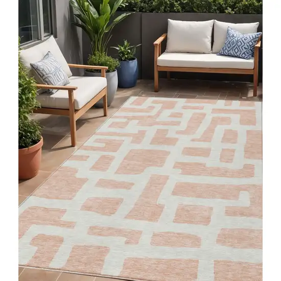 Peach And Gray Abstract Washable Indoor Outdoor Area Rug Photo 1