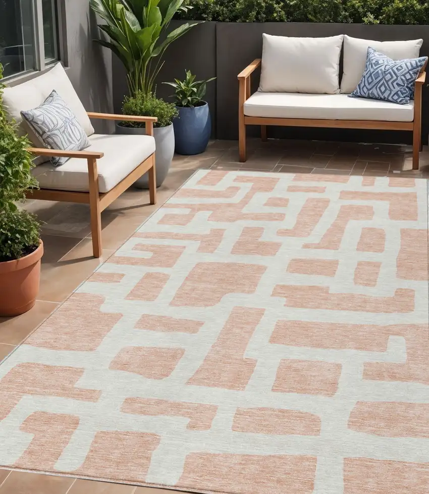 Peach And Gray Abstract Washable Indoor Outdoor Area Rug Photo 1