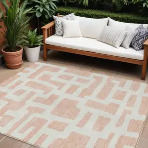 Photo of Peach And Gray Abstract Washable Indoor Outdoor Area Rug