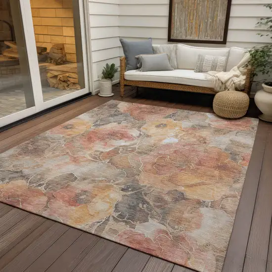 Peach And Gray Floral Washable Indoor Outdoor Area Rug Photo 5