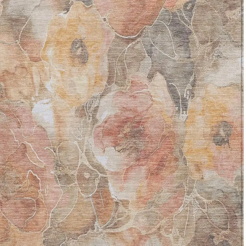 Peach And Gray Floral Washable Indoor Outdoor Area Rug Photo 3