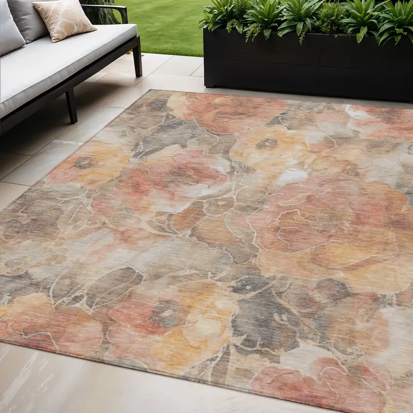 Peach And Gray Floral Washable Indoor Outdoor Area Rug Photo 2