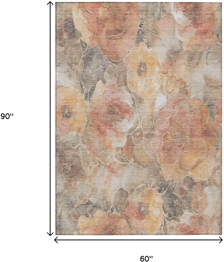 Peach And Gray Floral Washable Indoor Outdoor Area Rug Photo 9