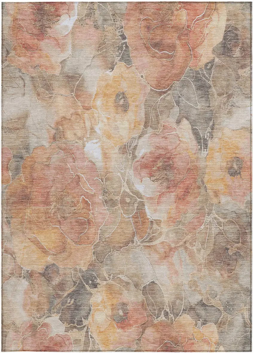 Peach And Gray Floral Washable Indoor Outdoor Area Rug Photo 1