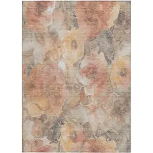 Photo of Peach And Gray Floral Washable Indoor Outdoor Area Rug