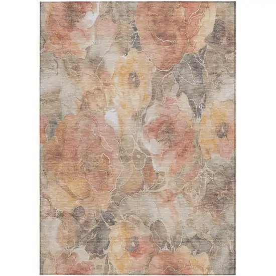 Peach And Gray Floral Washable Indoor Outdoor Area Rug Photo 1