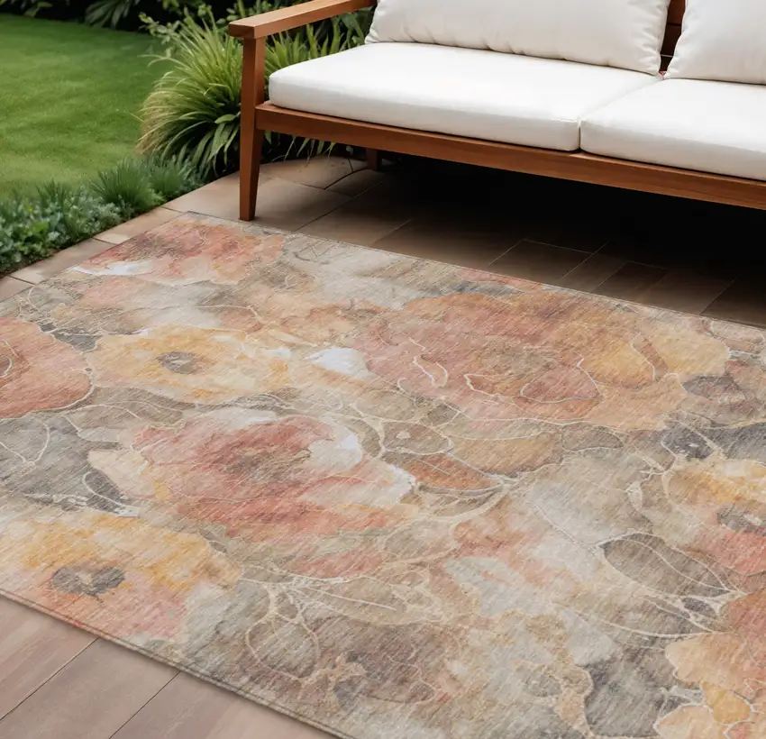 Peach And Gray Floral Washable Indoor Outdoor Area Rug Photo 2