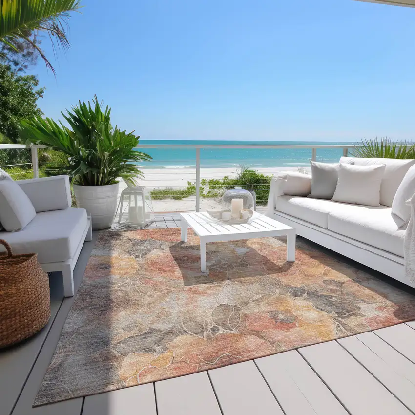 Peach And Gray Floral Washable Indoor Outdoor Area Rug Photo 9