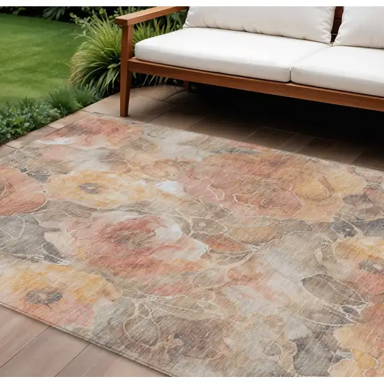 Peach And Gray Floral Washable Indoor Outdoor Area Rug Photo 2
