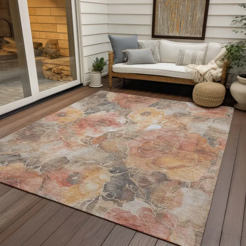 Peach And Gray Floral Washable Indoor Outdoor Area Rug Photo 6