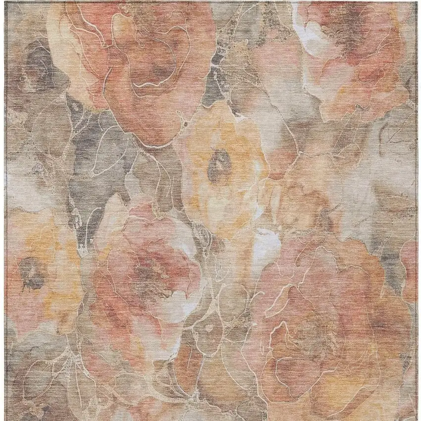 Peach And Gray Floral Washable Indoor Outdoor Area Rug Photo 4