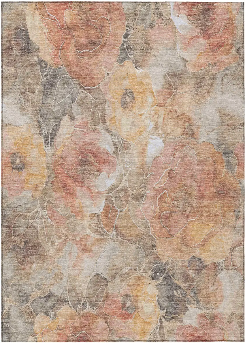 Peach And Gray Floral Washable Indoor Outdoor Area Rug Photo 1