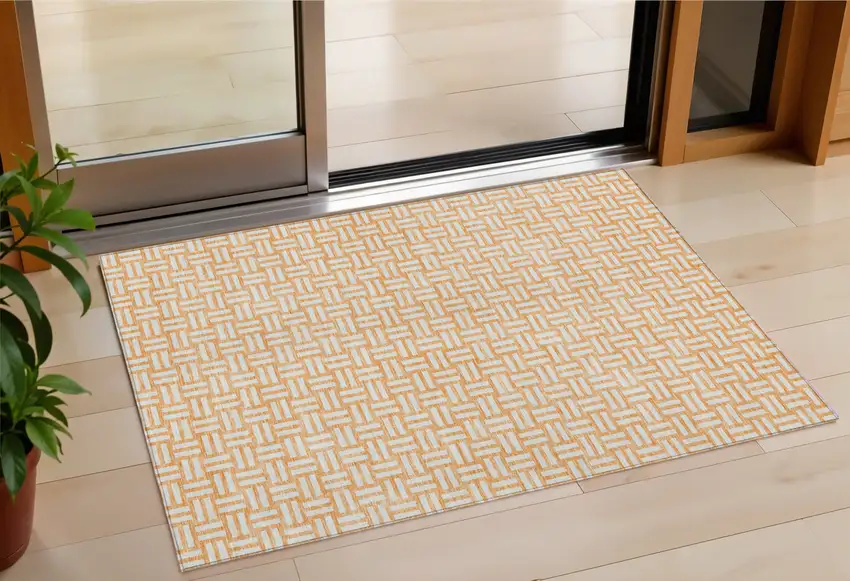 Peach And Gray Geometric Washable Indoor Outdoor Area Rug Photo 1