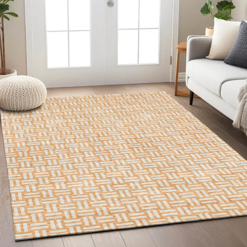 Peach And Gray Geometric Washable Indoor Outdoor Area Rug Photo 9