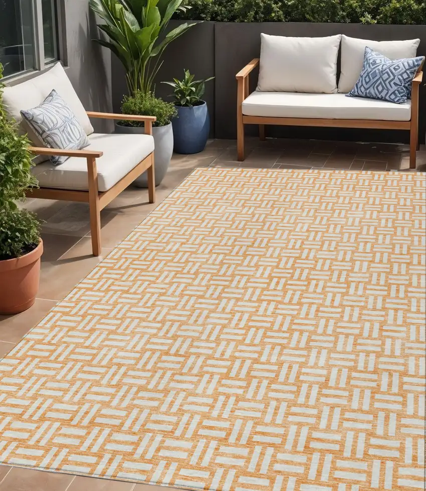 Peach And Gray Geometric Washable Indoor Outdoor Area Rug Photo 1