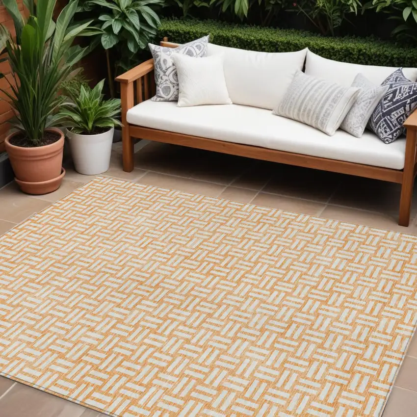 Peach And Gray Geometric Washable Indoor Outdoor Area Rug Photo 1