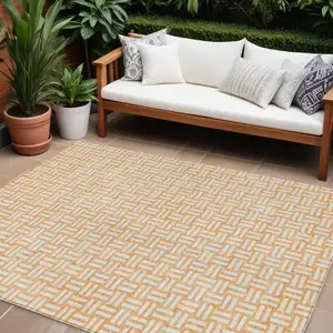 Photo of Peach And Gray Geometric Washable Indoor Outdoor Area Rug