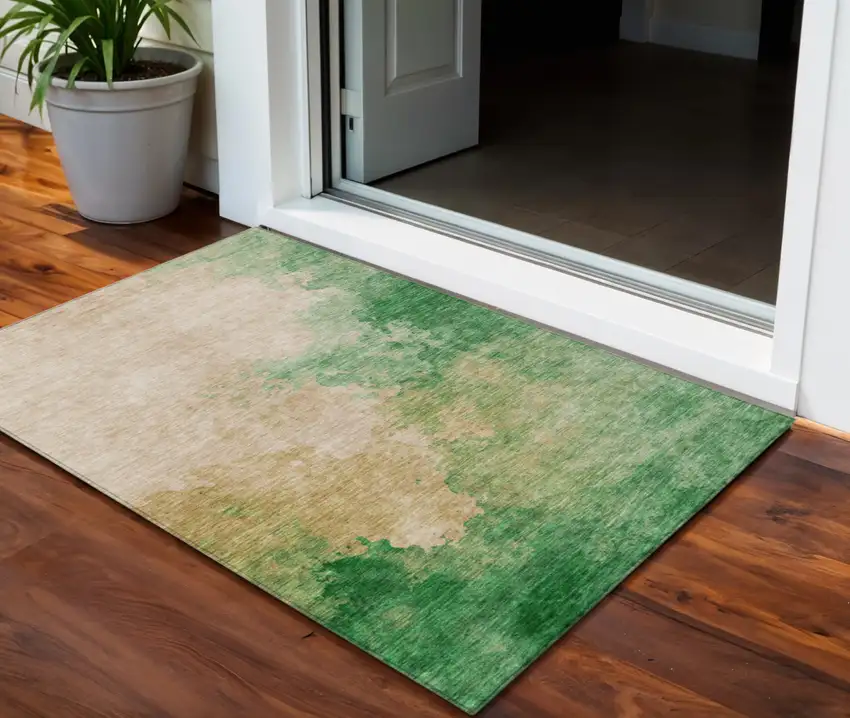 Peach And Green Abstract Washable Indoor Outdoor Area Rug Photo 1