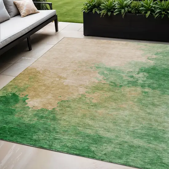 Peach And Green Abstract Washable Indoor Outdoor Area Rug Photo 1