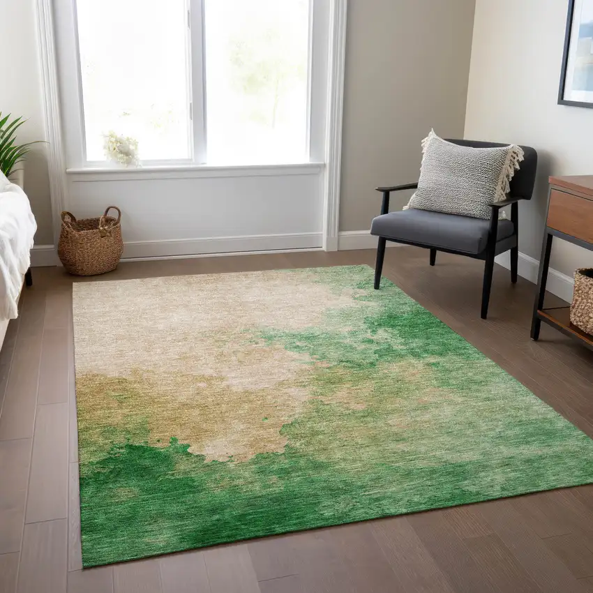 Peach And Green Abstract Washable Indoor Outdoor Area Rug Photo 9