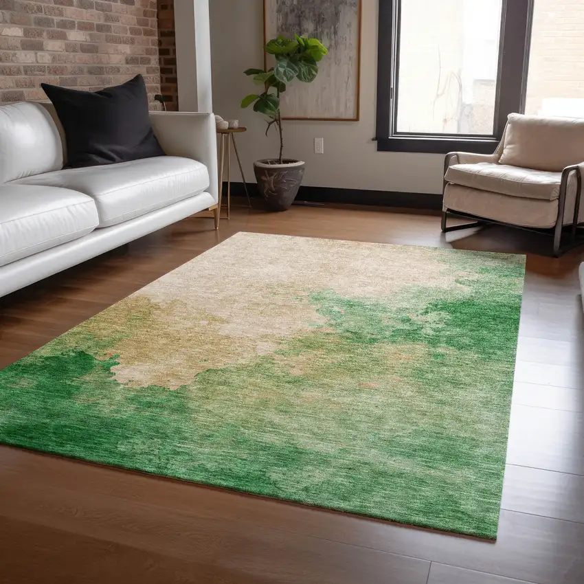 Peach And Green Abstract Washable Indoor Outdoor Area Rug Photo 8