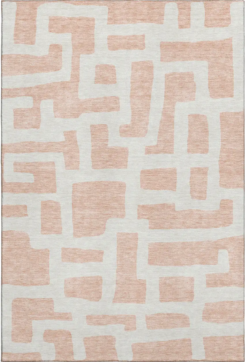 Peach And Ivory Abstract Geometric Washable Area Rug With UV Protection Photo 1