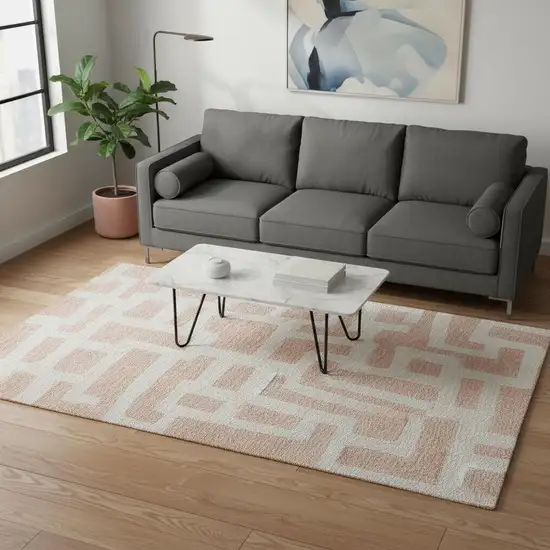 Peach And Ivory Abstract Geometric Washable Area Rug With UV Protection Photo 2