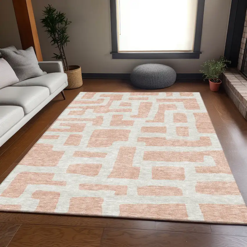 Peach And Ivory Abstract Geometric Washable Area Rug With UV Protection Photo 6