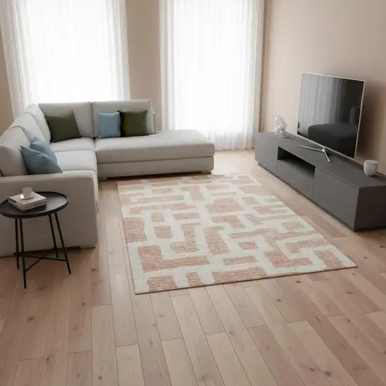 Peach And Ivory Abstract Geometric Washable Area Rug With UV Protection Photo 2