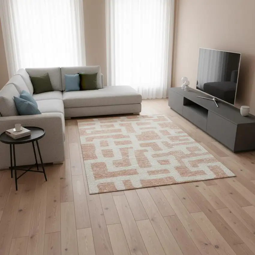 Peach And Ivory Abstract Geometric Washable Area Rug With UV Protection Photo 2