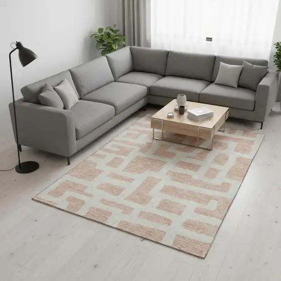 Peach And Ivory Abstract Geometric Washable Area Rug With UV Protection Photo 2