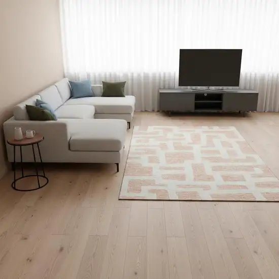 Peach And Ivory Abstract Geometric Washable Area Rug With UV Protection Photo 2