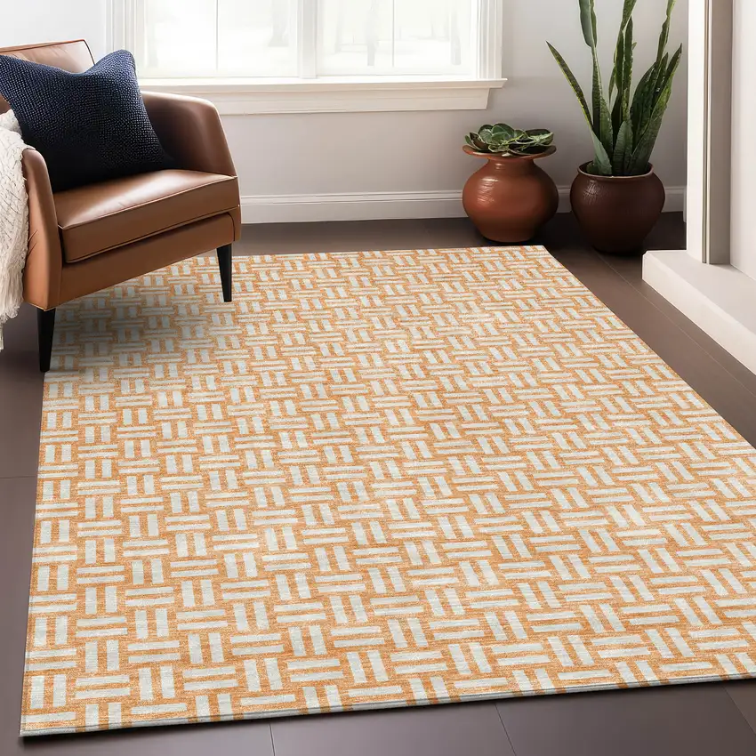 Peach And Ivory Abstract Geometric Washable Area Rug With UV Protection Photo 4